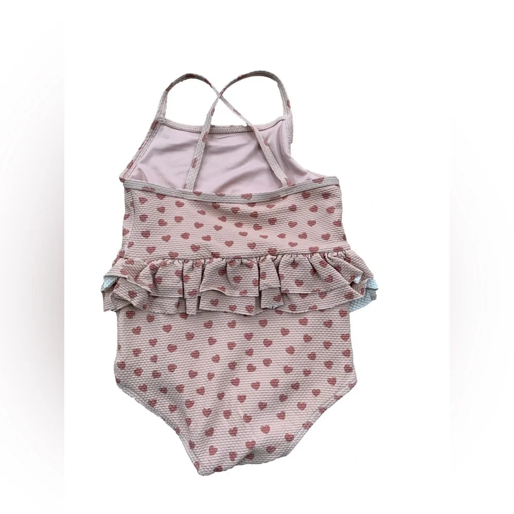 Quincy Mae Size 18-24 Months Hearts Print Ruffled One Piece Neutral Swimsuit